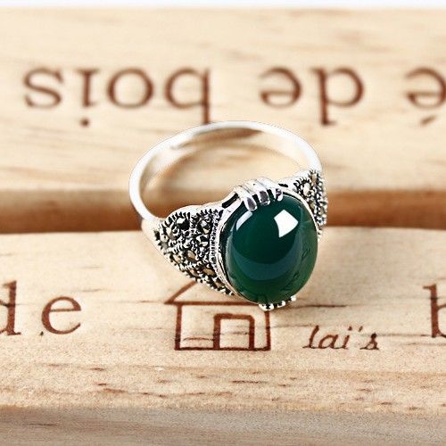 Bague En Onyx Vert Ovale Incrusté En Argent Sterling 925 Classique Vintage