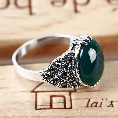 Bague En Onyx Vert Ovale Incrusté En Argent Sterling 925 Classique Vintage