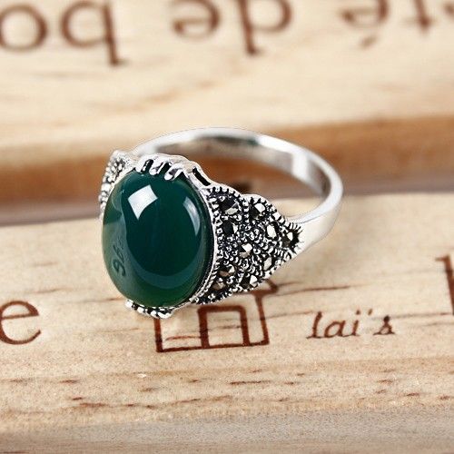 Bague En Onyx Vert Ovale Incrusté En Argent Sterling 925 Classique Vintage