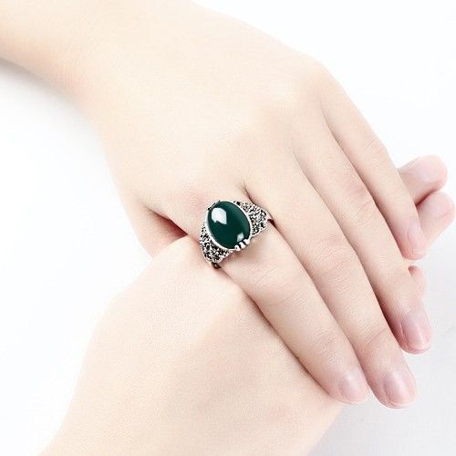 Bague En Onyx Vert Ovale Incrusté En Argent Sterling 925 Classique Vintage