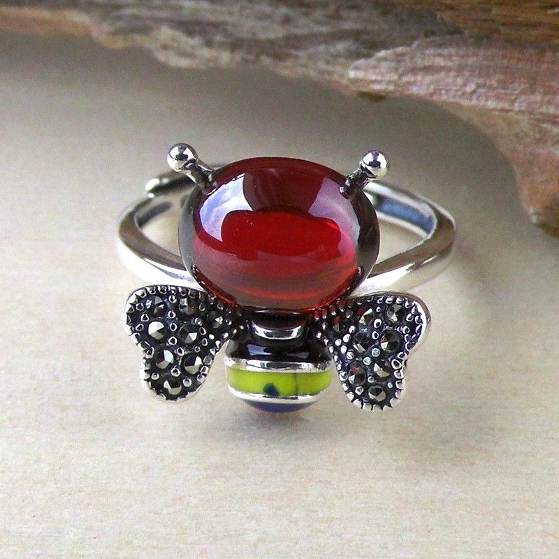 Bague D'ouverture En Forme D'abeille En Argent Sterling 925 Avec Pierres Incrustées