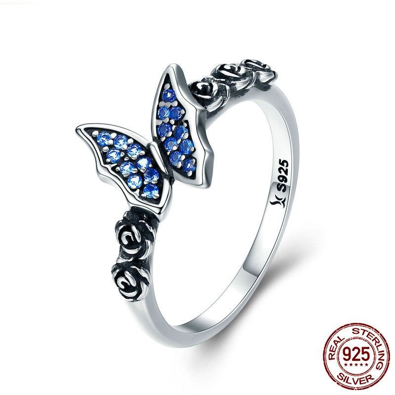 Bague Papillon Et Fleur En Argent Sterling 925 Avec Zircone Cubique Simple Personnalisée