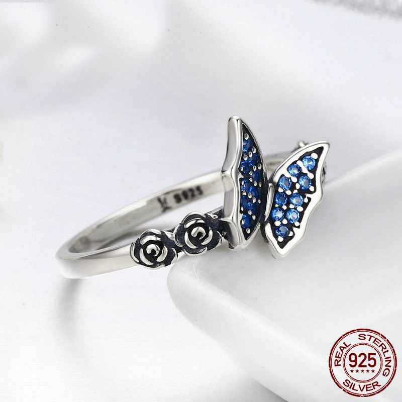 Bague Papillon Et Fleur En Argent Sterling 925 Avec Zircone Cubique Simple Personnalisée