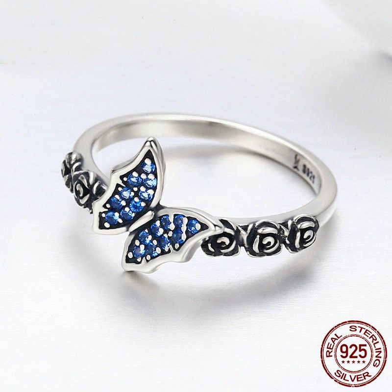 Bague Papillon Et Fleur En Argent Sterling 925 Avec Zircone Cubique Simple Personnalisée