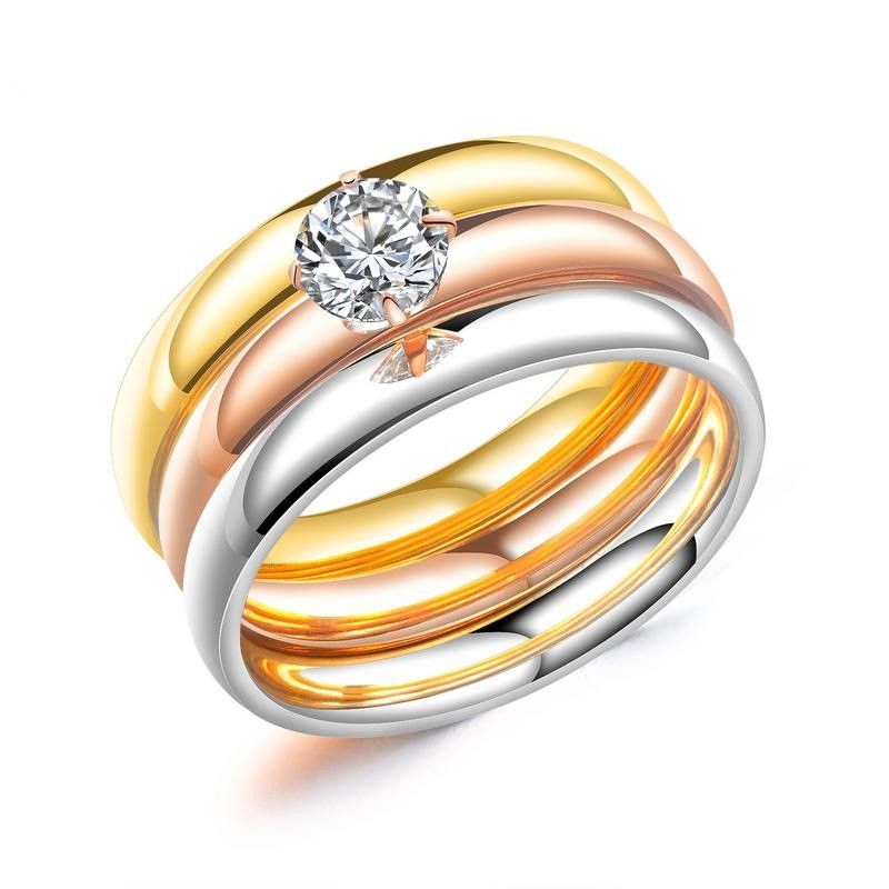 Bague De Promesse En Acier Inoxydable Tricolore CZ En Acier Inoxydable