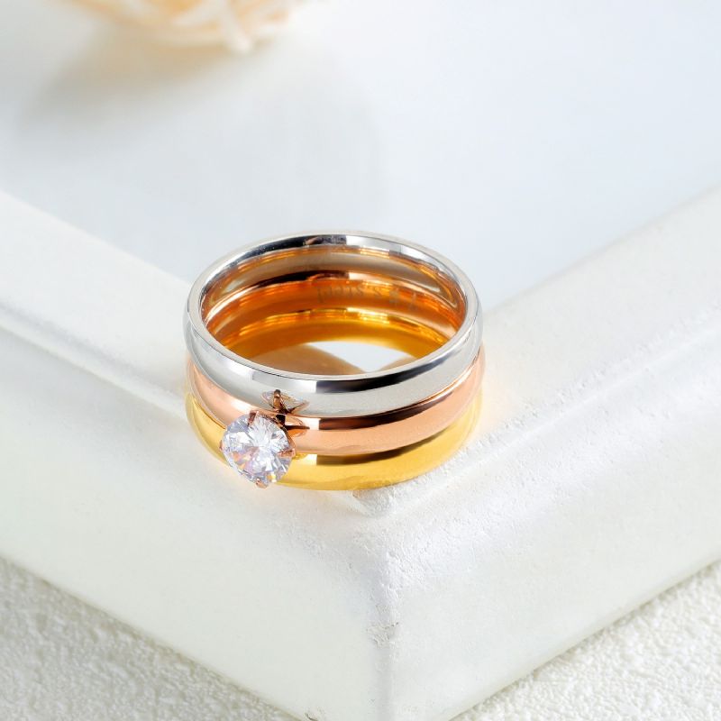 Bague De Promesse En Acier Inoxydable Tricolore CZ En Acier Inoxydable