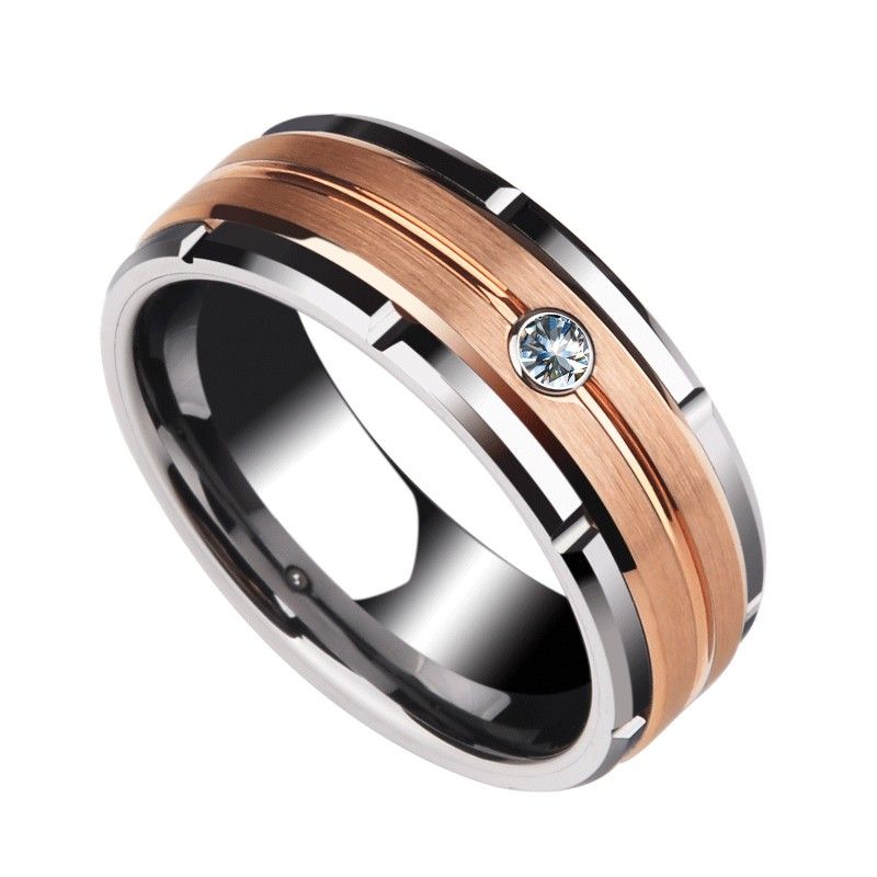 Bague Zircon Tungstène En Or Rose | Alliance En Tungstène Pour Hommes