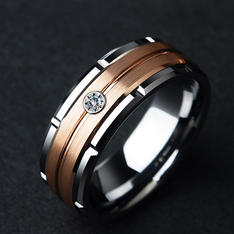 Bague Zircon Tungstène En Or Rose | Alliance En Tungstène Pour Hommes