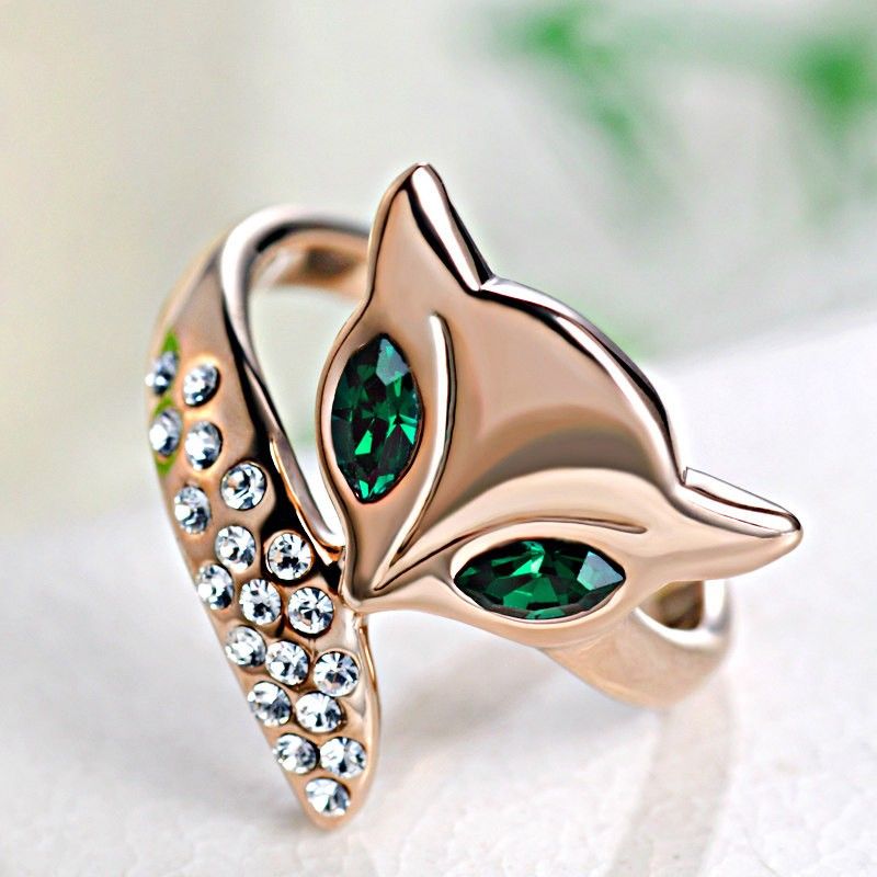 Charmante Bague De Cocktail En Forme De Renard Avec Cristal Vert