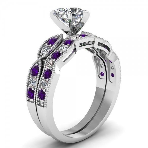 Coeur Coupé Créé Saphir Blanc Avec Améthyste Sidestone Plaqué Rhodium 925 Bague De Mariage Pour Femmes En Argent Sterling / Ensemble De Mariée