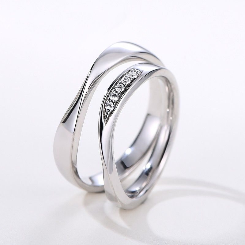 Conception Créative Simple Lignes Romantiques Anneaux De Couple En Argent Sterling 925 Avec Zircone Cubique