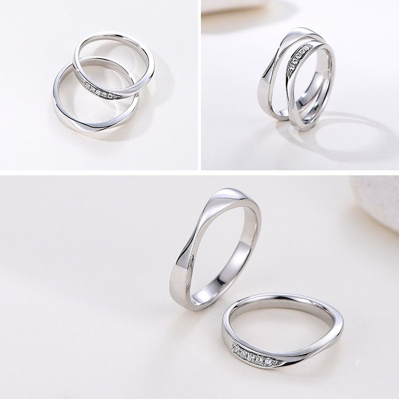 Conception Créative Simple Lignes Romantiques Anneaux De Couple En Argent Sterling 925 Avec Zircone Cubique