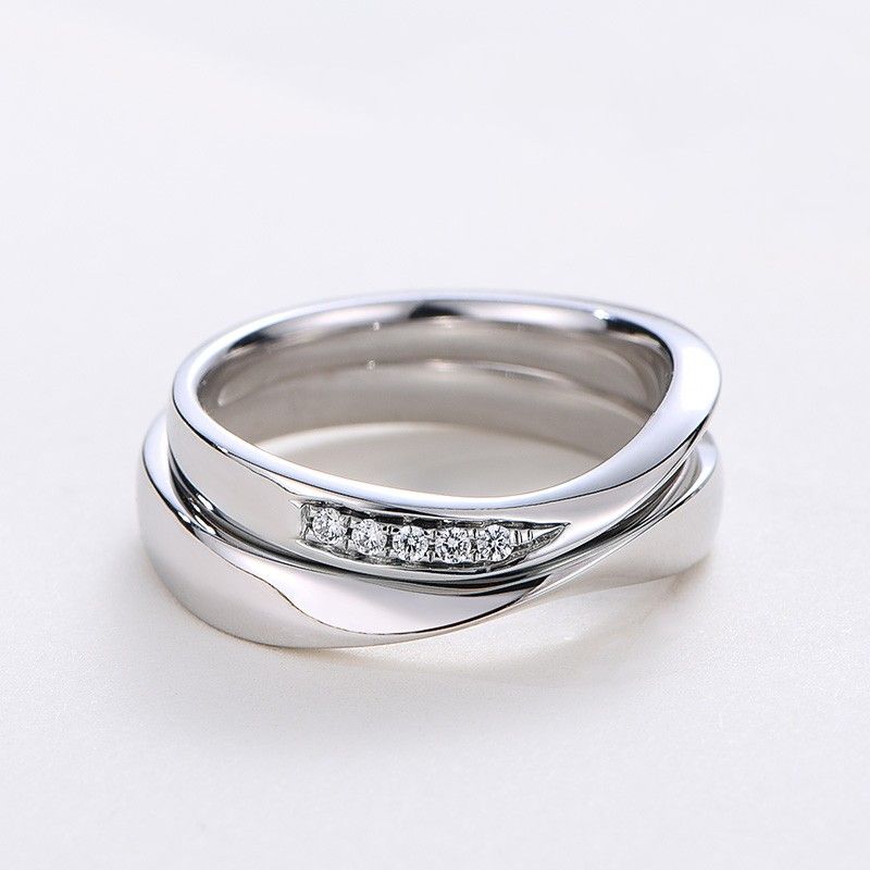 Conception Créative Simple Lignes Romantiques Anneaux De Couple En Argent Sterling 925 Avec Zircone Cubique