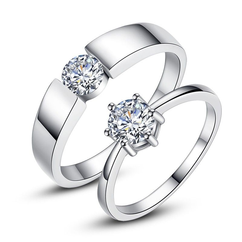 Coréen 925 Sterling Silver Classic Six-claw Simulation Diamond Couple Rings