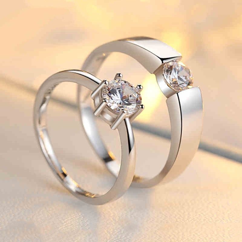 Coréen 925 Sterling Silver Classic Six-claw Simulation Diamond Couple Rings