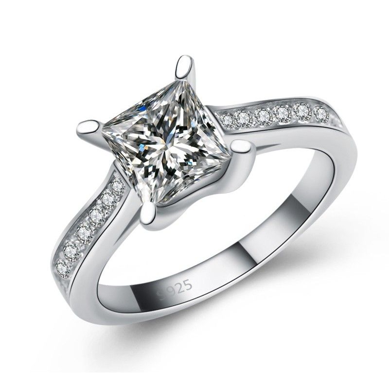 Coréen Classique En Argent Sterling 925 Incrusté De Quatre Griffes CZ De Fiançailles / Bague De Mariage