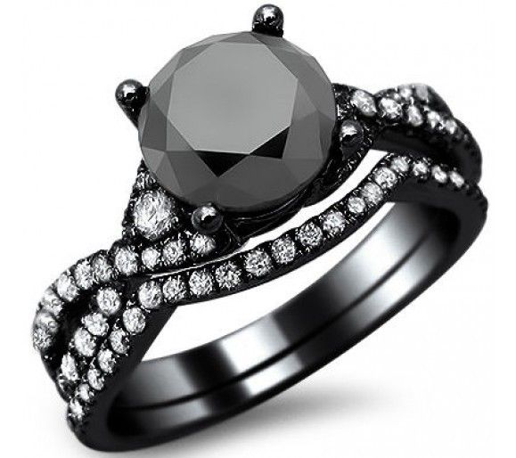 Coupe Ronde En Argent Sterling Zircon Cubique Noir De Fiançailles / Mariage Ensemble De Mariée En Or Noir Rempli Bague De Promesse