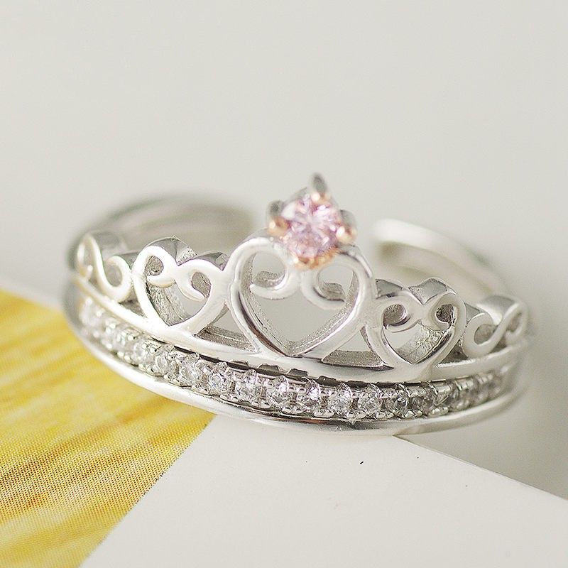 Couronne Créative En Forme De Coeur Bague En Argent 925 Incrustée De Zircon Cubique Rose