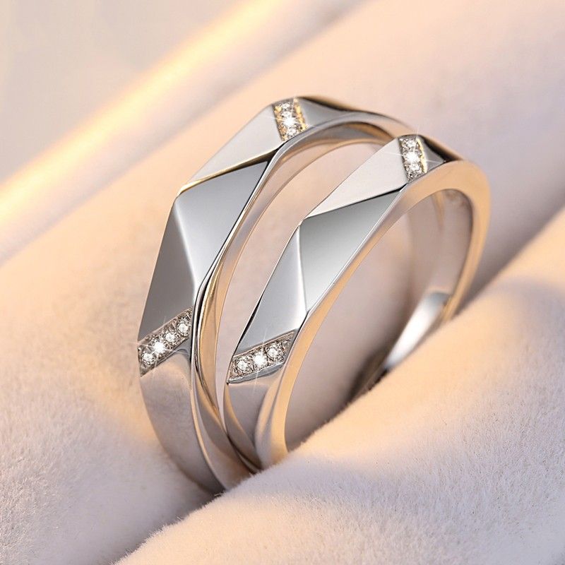 Creative Rhombic Incrusté De Zircone Cubique En Argent 925 Avec Anneaux De Couple Ouverture Platine