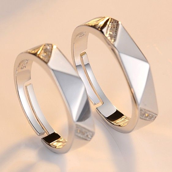 Creative Rhombic Incrusté De Zircone Cubique En Argent 925 Avec Anneaux De Couple Ouverture Platine