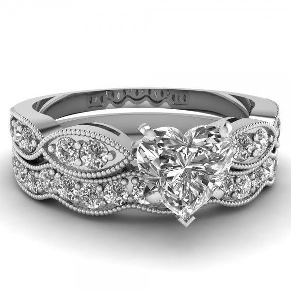 Créé Blanc Saphir Coeur Coupe Rhodium Plaqué Argent Sterling 925 Ensemble De Bague De Mariage Pour Femme / Ensemble De Mariée