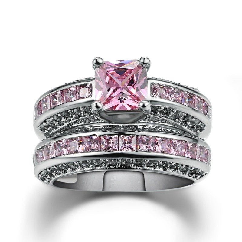 Ensemble De Bague De Fiançailles CZ Rose Incrusté D'or Blanc Plaqué Cuivre De Luxe Incroyable