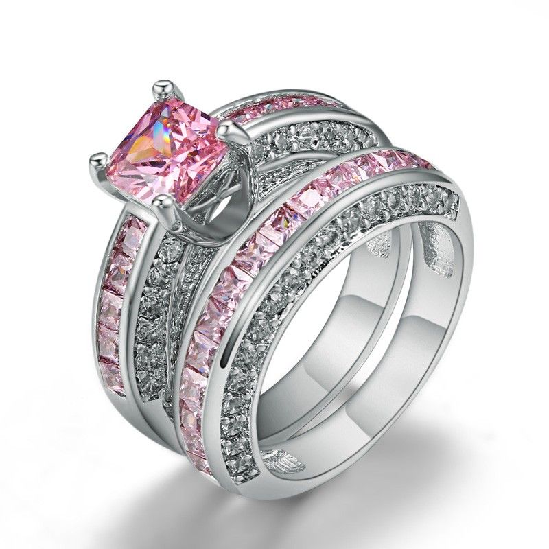 Ensemble De Bague De Fiançailles CZ Rose Incrusté D'or Blanc Plaqué Cuivre De Luxe Incroyable