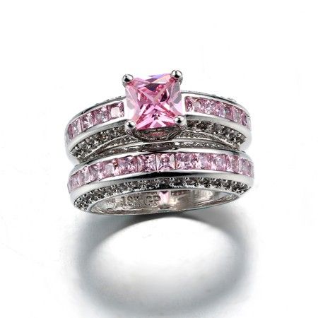 Ensemble De Bague De Fiançailles CZ Rose Incrusté D'or Blanc Plaqué Cuivre De Luxe Incroyable