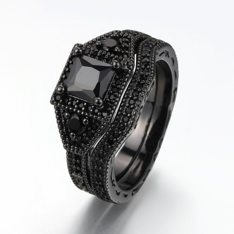 Ensemble De Bague De Fiançailles De Luxe En Argent Plaqué Or Noir Incrusté De Zircon Cubique Noir