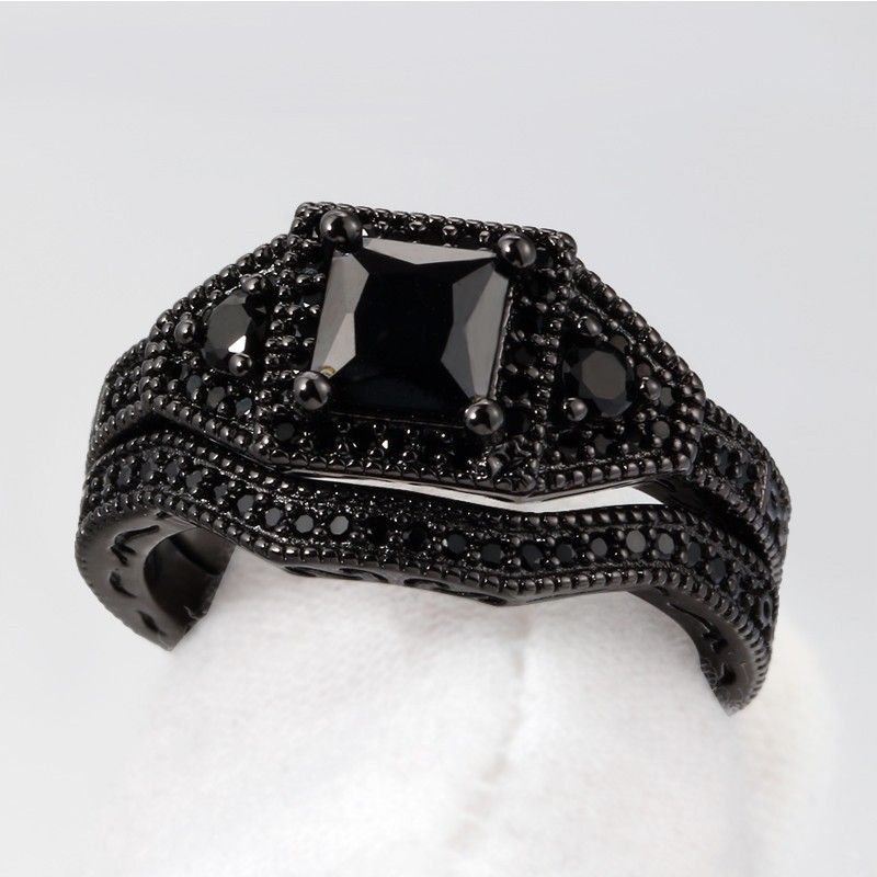 Ensemble De Bague De Fiançailles De Luxe En Argent Plaqué Or Noir Incrusté De Zircon Cubique Noir