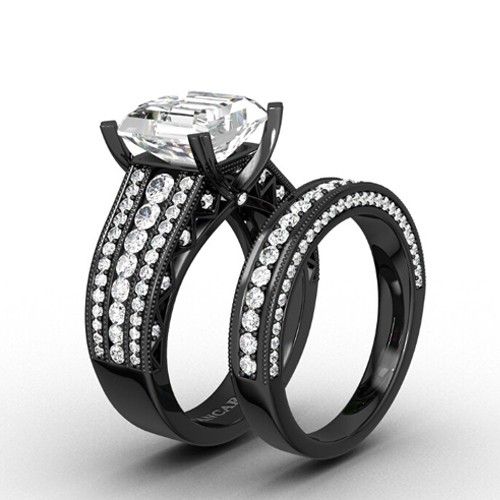 Ensemble De Bague De Mariage Antique Noir Ensemble De Mariée Avec Zircon Cubique Coupé Asscher En Argent Sterling 925