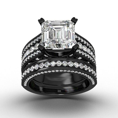 Ensemble De Bague De Mariage Antique Noir Ensemble De Mariée Avec Zircon Cubique Coupé Asscher En Argent Sterling 925