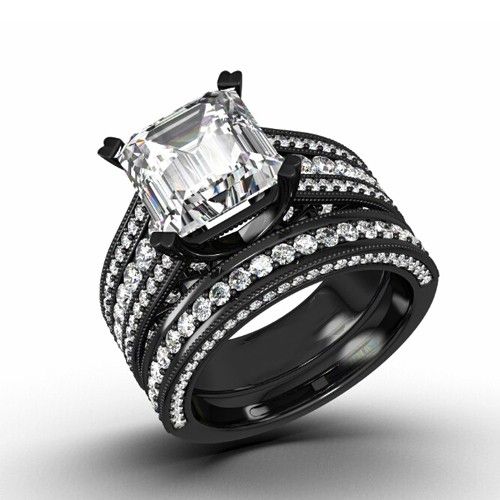 Ensemble De Bague De Mariage Antique Noir Ensemble De Mariée Avec Zircon Cubique Coupé Asscher En Argent Sterling 925