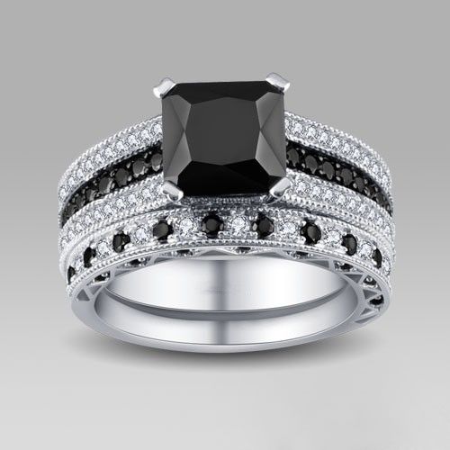 Ensemble De Bague De Mariage Pour Femme En Argent Sterling 925 Avec Zircon Cubique Noir Et Blanc / Ensemble De Mariée