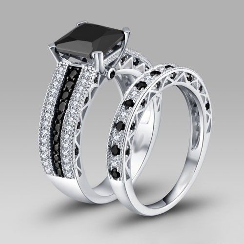 Ensemble De Bague De Mariage Pour Femme En Argent Sterling 925 Avec Zircon Cubique Noir Et Blanc / Ensemble De Mariée