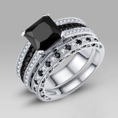 Ensemble De Bague De Mariage Pour Femme En Argent Sterling 925 Avec Zircon Cubique Noir Et Blanc / Ensemble De Mariée