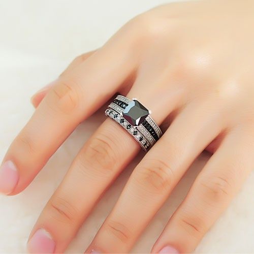 Ensemble De Bague De Mariage Pour Femme En Argent Sterling 925 Avec Zircon Cubique Noir Et Blanc / Ensemble De Mariée