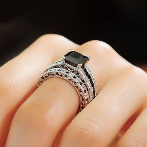 Ensemble De Bague De Mariage Pour Femme En Argent Sterling 925 Avec Zircon Cubique Noir Et Blanc / Ensemble De Mariée