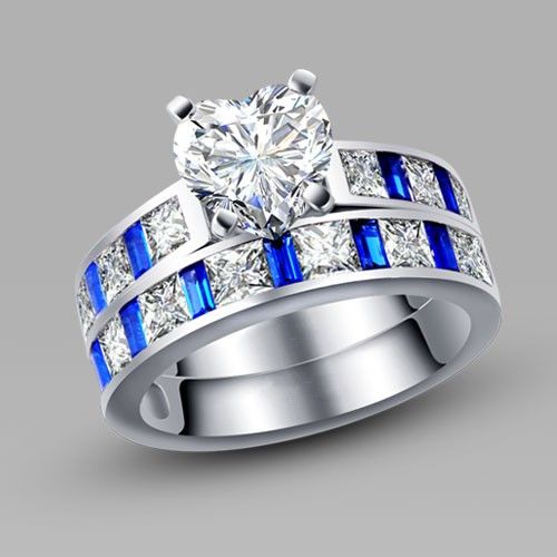 Ensemble De Bague De Mariage / Bague De Promesse Pour Femmes En Argent Avec Zircon Cubique Blanc Et Bleu