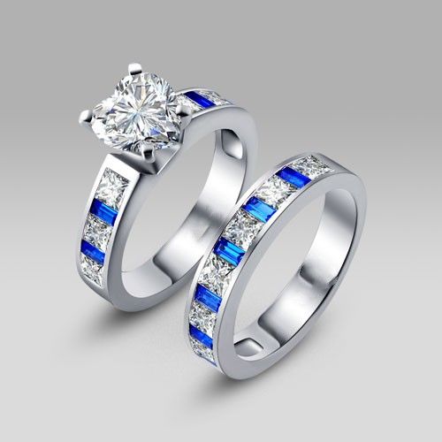 Ensemble De Bague De Mariage / Bague De Promesse Pour Femmes En Argent Avec Zircon Cubique Blanc Et Bleu