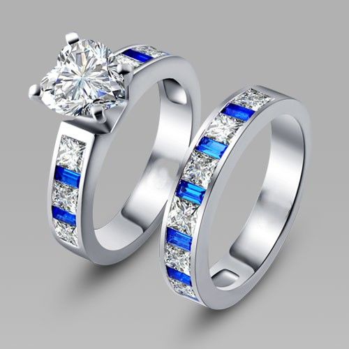 Ensemble De Bague De Mariage / Bague De Promesse Pour Femmes En Argent Avec Zircon Cubique Blanc Et Bleu