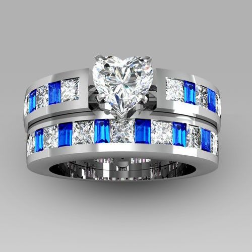 Ensemble De Bague De Mariage / Bague De Promesse Pour Femmes En Argent Avec Zircon Cubique Blanc Et Bleu