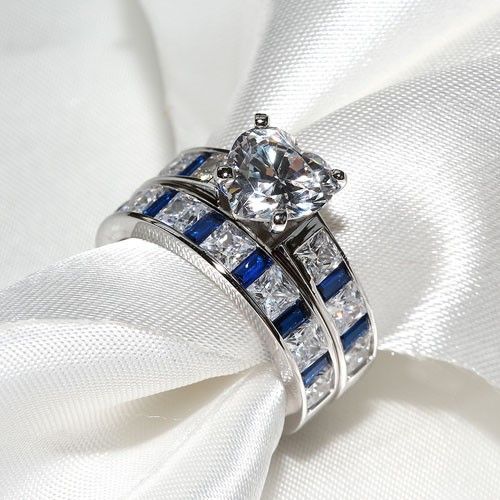 Ensemble De Bague De Mariage / Bague De Promesse Pour Femmes En Argent Avec Zircon Cubique Blanc Et Bleu