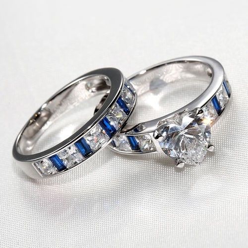 Ensemble De Bague De Mariage / Bague De Promesse Pour Femmes En Argent Avec Zircon Cubique Blanc Et Bleu