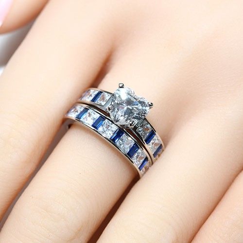 Ensemble De Bague De Mariage / Bague De Promesse Pour Femmes En Argent Avec Zircon Cubique Blanc Et Bleu