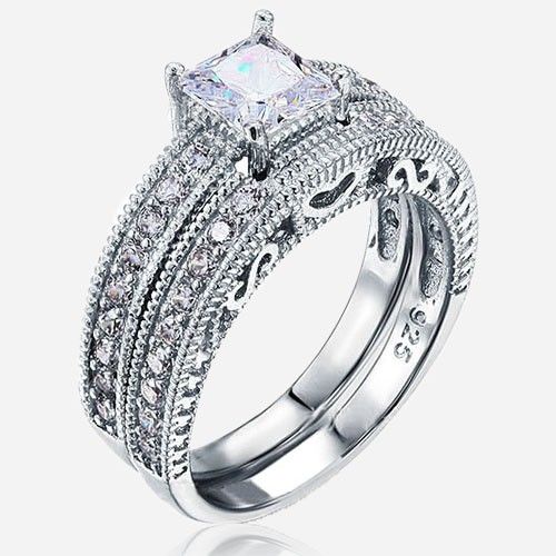 Ensemble De Bagues De Fiançailles En Zircon Cubique 925 Avec Coeur Romantique