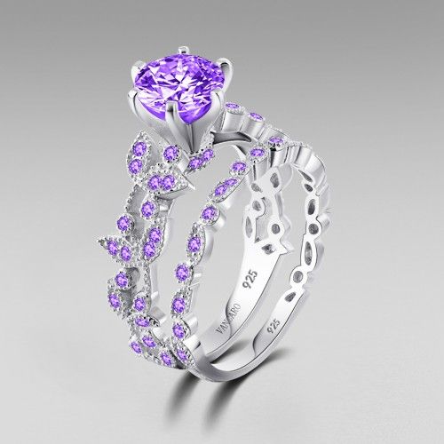 Ensemble De Bagues En Forme De Feuille Pour Femmes En Diamant Violet Créé En Laboratoire En Argent Sterling 925