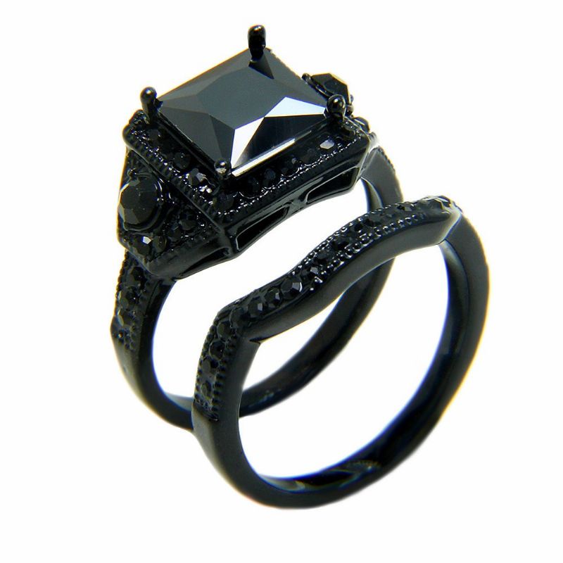 Ensembles De Bague De Fiançailles CZ Incrustés D'or Noir De Mode Noble Et Élégant