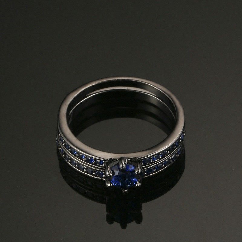 Ensembles De Bague De Fiançailles De Luxe En Or Noir Incrusté De Zircon Cubique Bleu Haut De Gamme