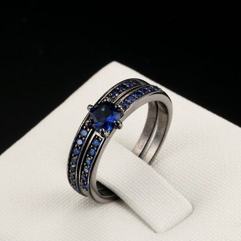 Ensembles De Bague De Fiançailles De Luxe En Or Noir Incrusté De Zircon Cubique Bleu Haut De Gamme